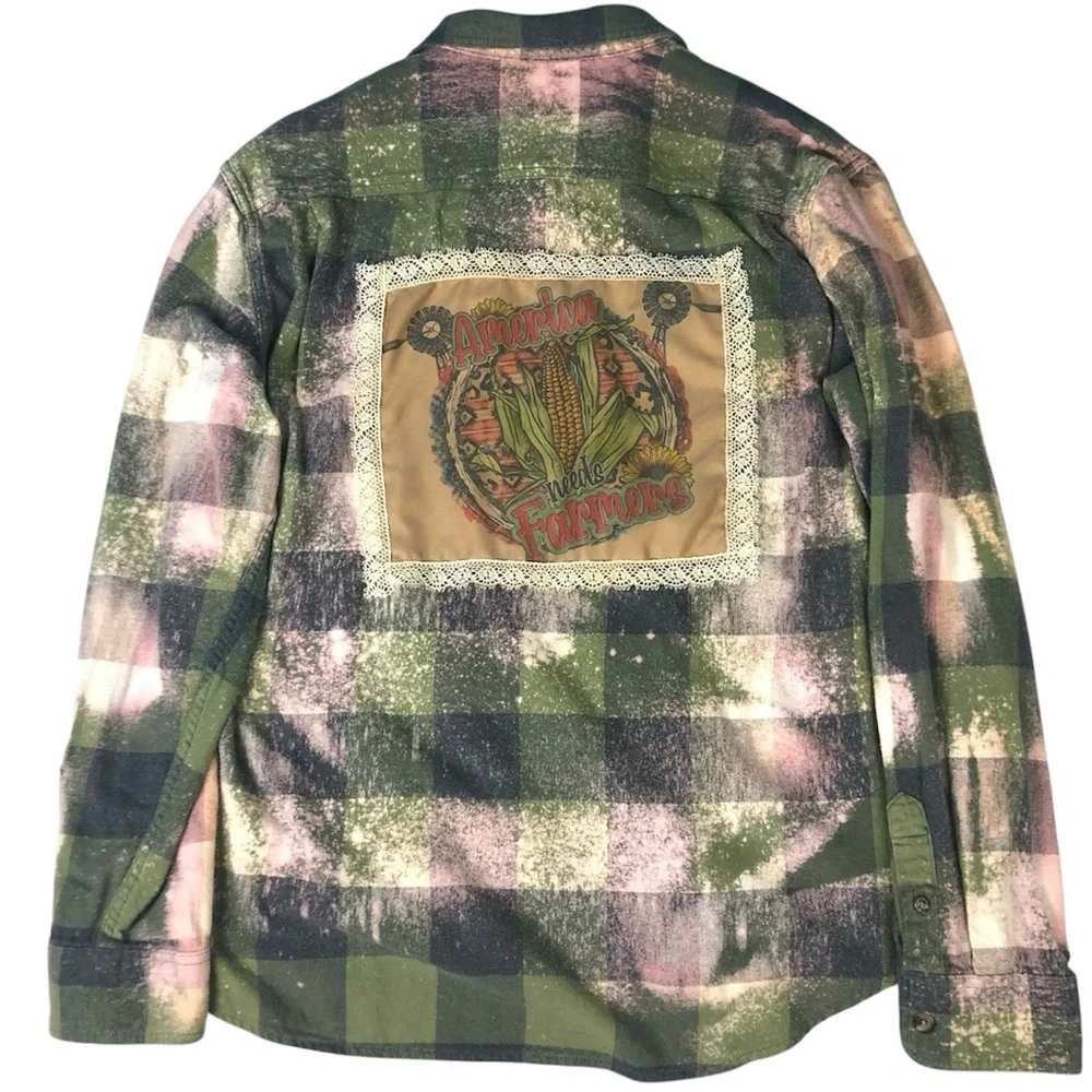 America Needs Farmers Shirt Upcycled Flannel Plaid Bleached Button Up Green Gray - Picture 1 of 9
